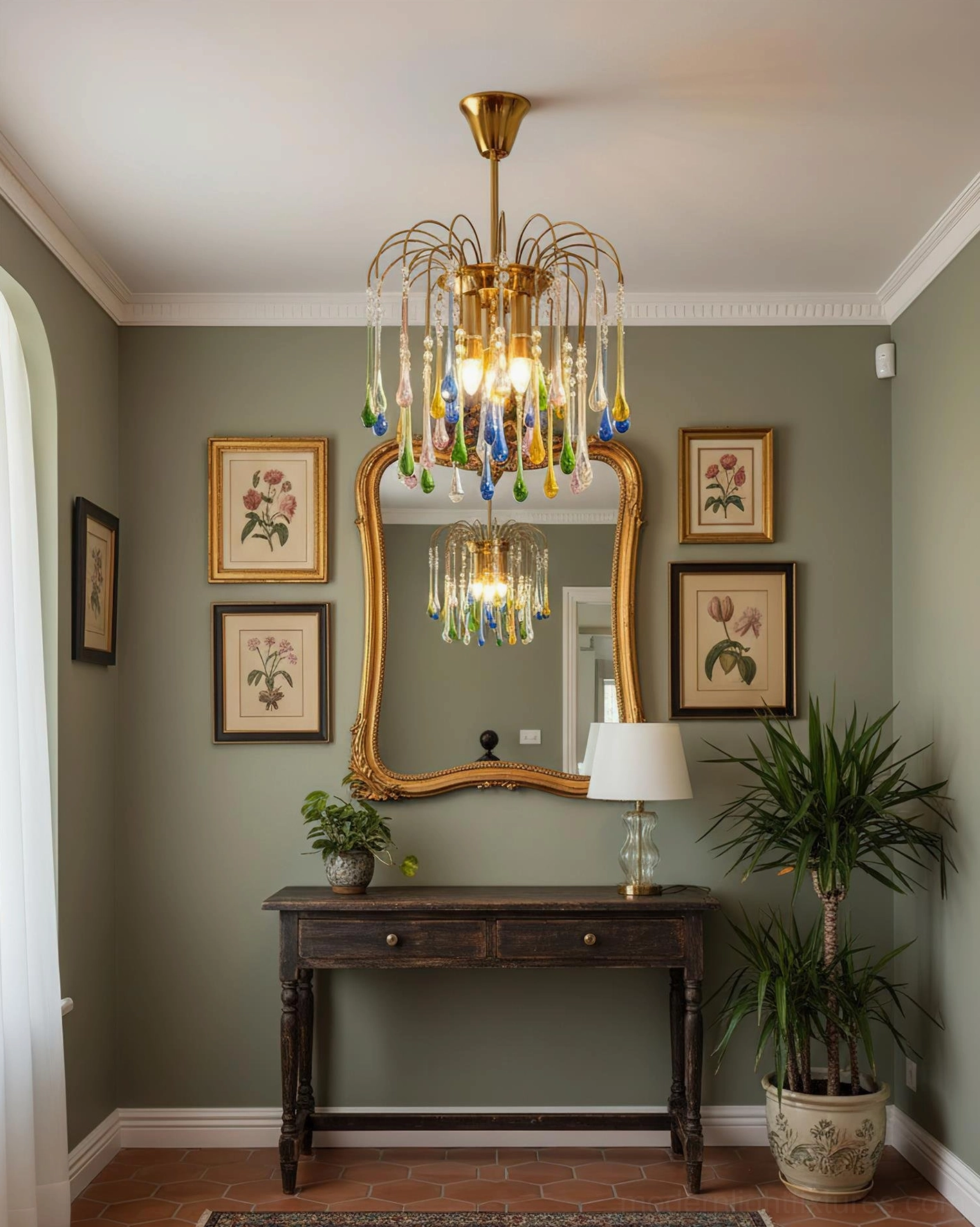 Rainlight pendant light fixture side profile showing graceful brass curve and hanging glass droplet design