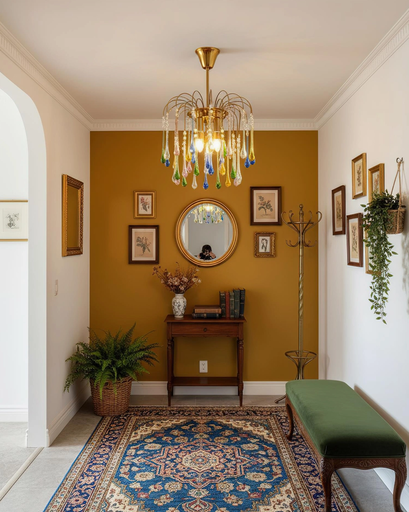 Rainlight crystal pendant light fixture in classic vintage entryway above gallery wall and retro decor