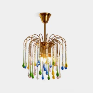 Rainlight handblown crystal teardrop chandelier with brass frame and multicolor glass pendants, front studio view