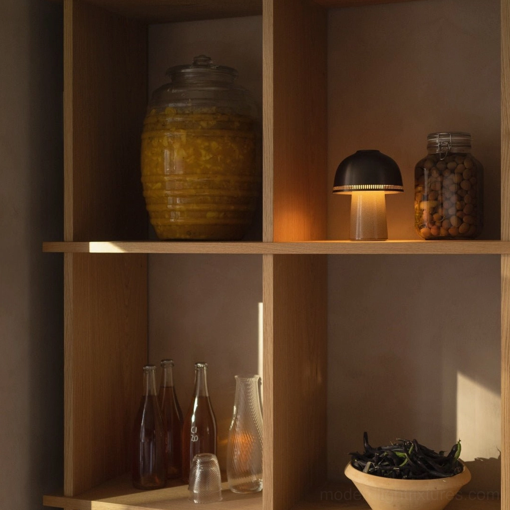 Mini raku ceramic table lamp with black metal dome shade on wooden storage shelf warm ambient lighting