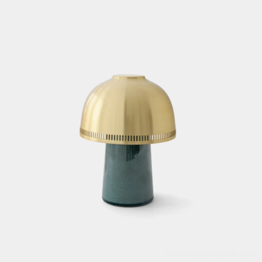 Raku ceramic table lamp with brushed brass dome shade and teal crackle glaze handcrafted ceramic base