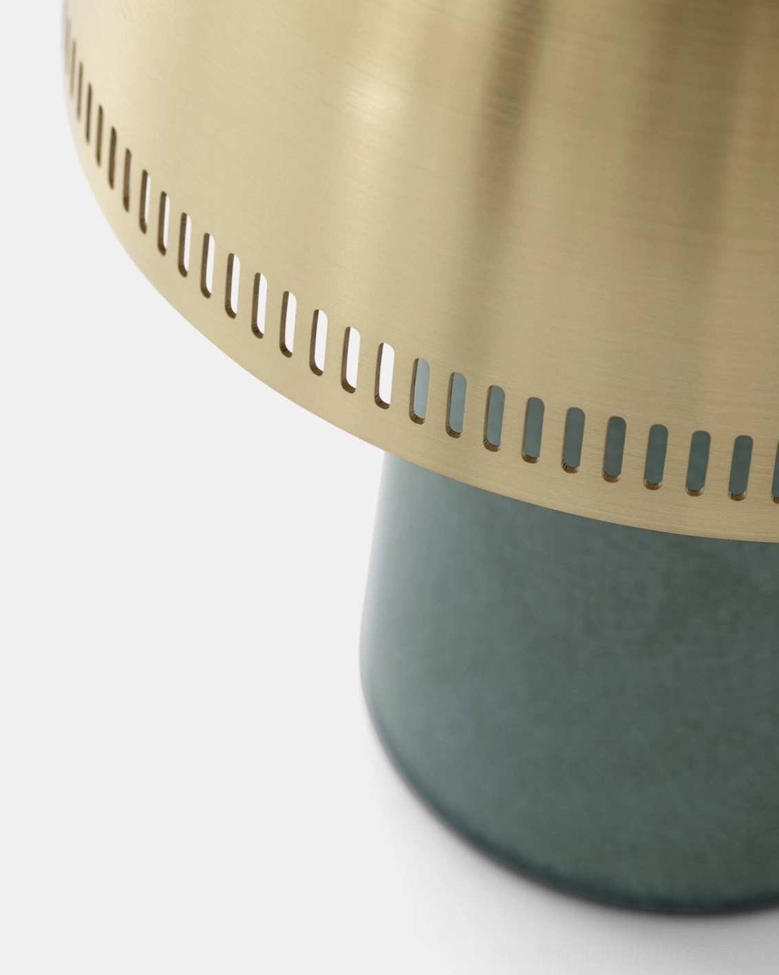Raku table lamp brushed brass perforated metal shade underside detail close-up macro photography
