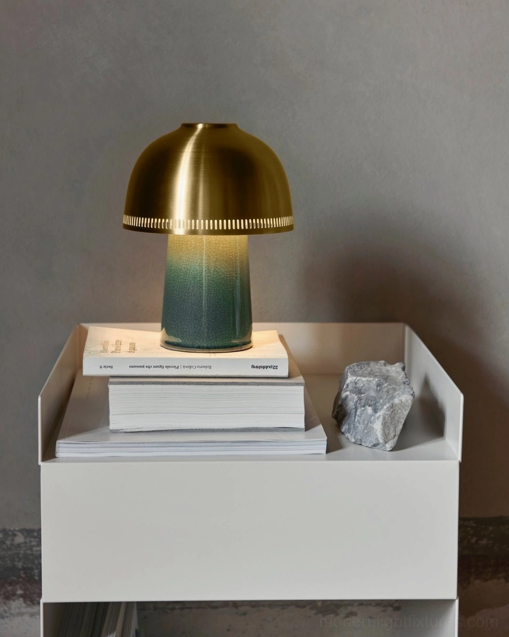 Raku table lamp side angle minimalist nordic bedside setup brushed brass shade gradient ceramic base