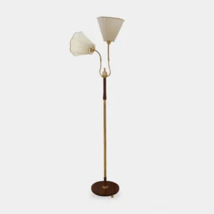 Ramira mid-century modern dual-head floor lamp with brass pole and walnut wood accents, pleated off-white shades on white background studio view