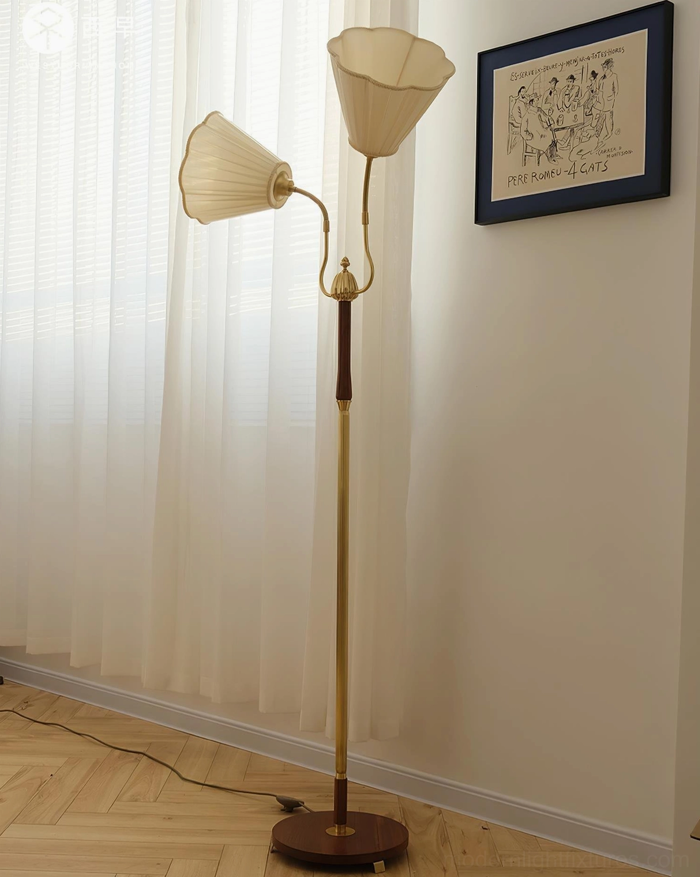 Ramira modern floor lamp with dual pleated shades positioned in bright apartment interior with natural window light