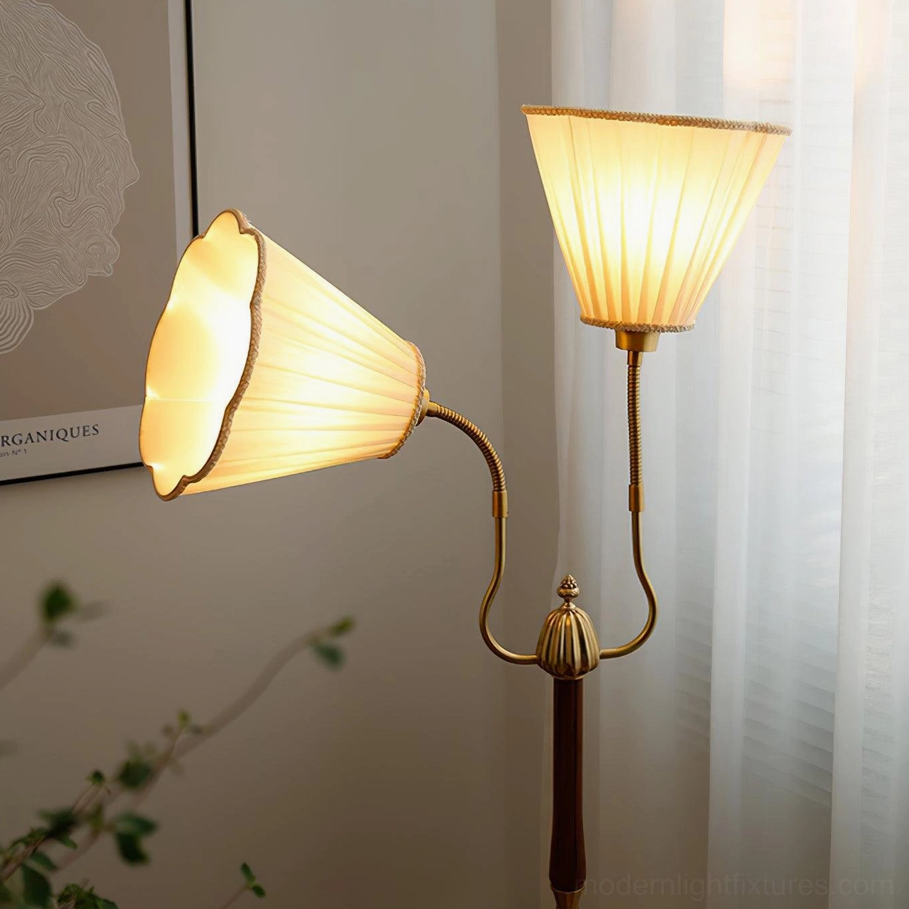 Ramira modern floor lamp with dual heads positioned in styled interior showing versatile placement options