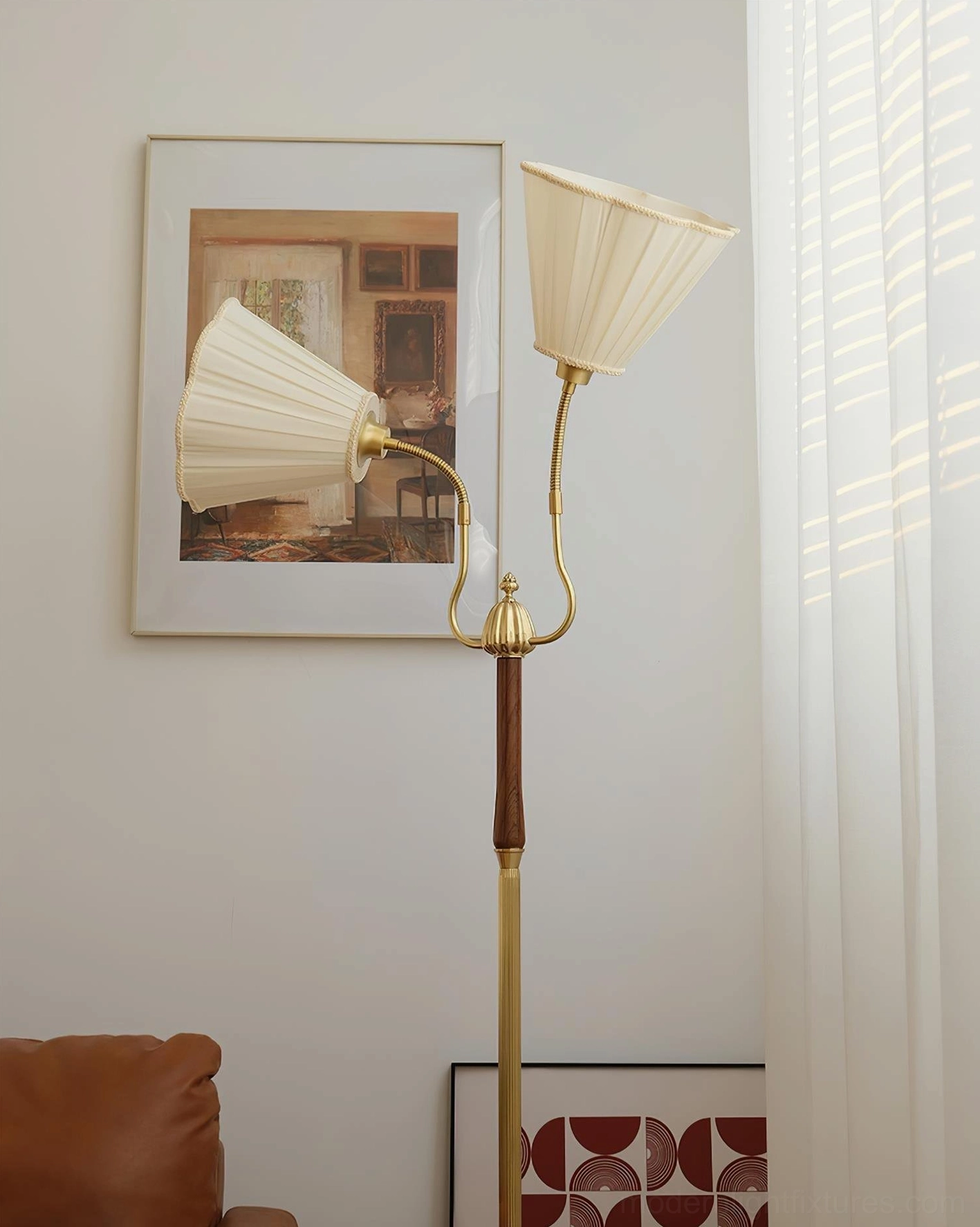 Ramira vintage floor lamp providing layered lighting in living room seating area arrangement