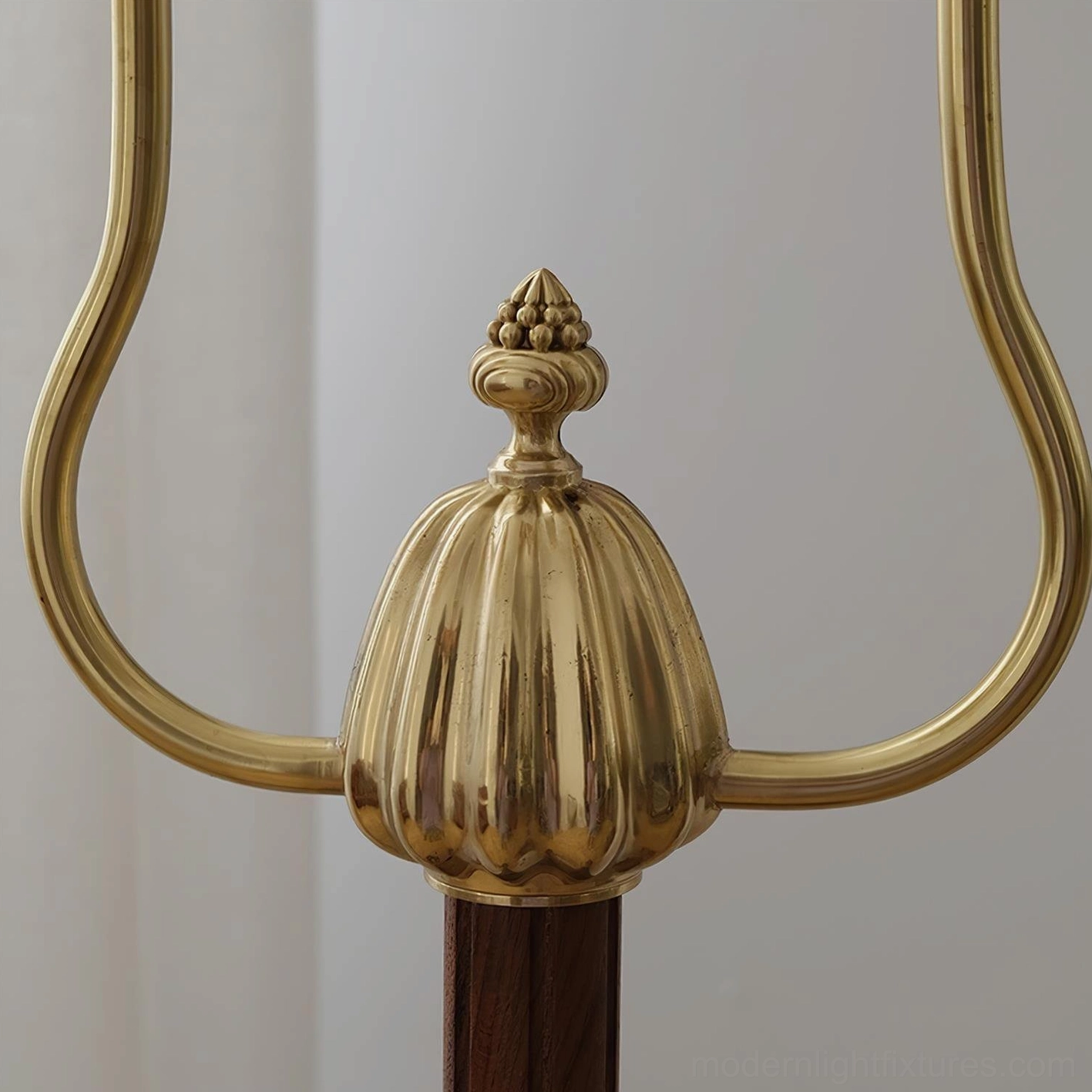 Ramira brass floor lamp with off-white pleated shades demonstrating mid-century modern aesthetic authenticity