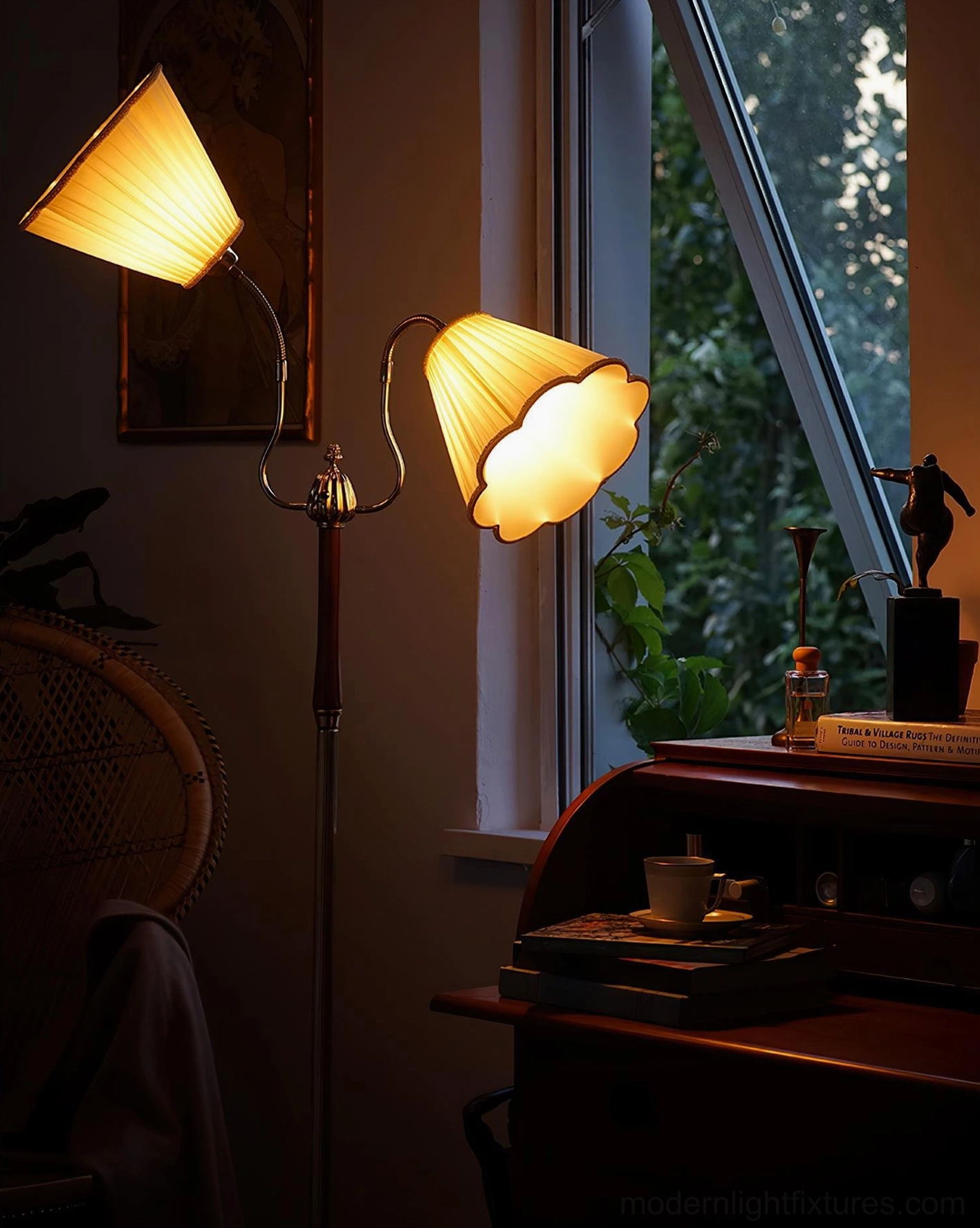 Ramira dual-head floor lamp with scalloped shades glowing warm amber light in cozy home workspace evening setting