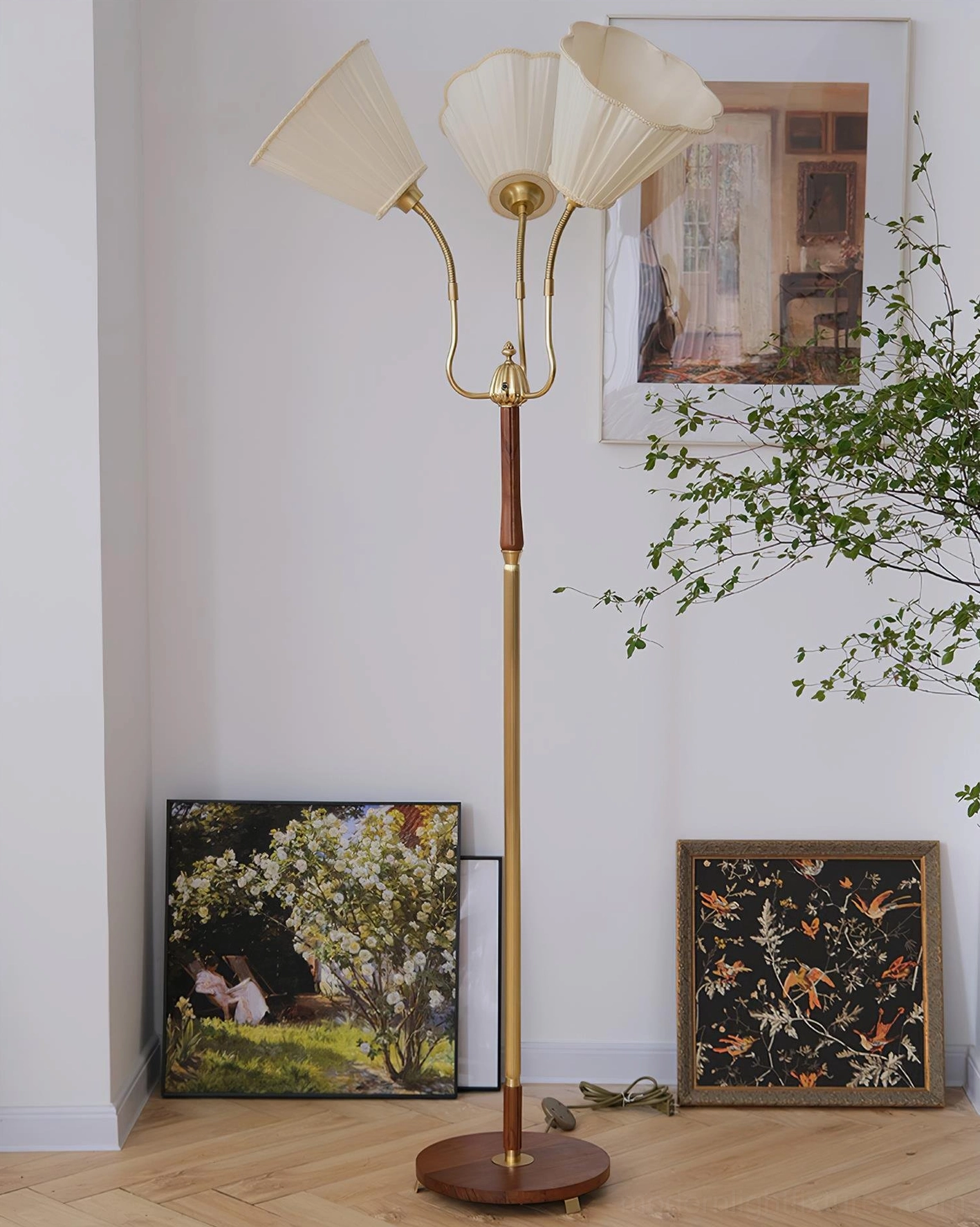 Ramira triple-head modern floor lamp variation with pleated shades in minimalist bright living room setting