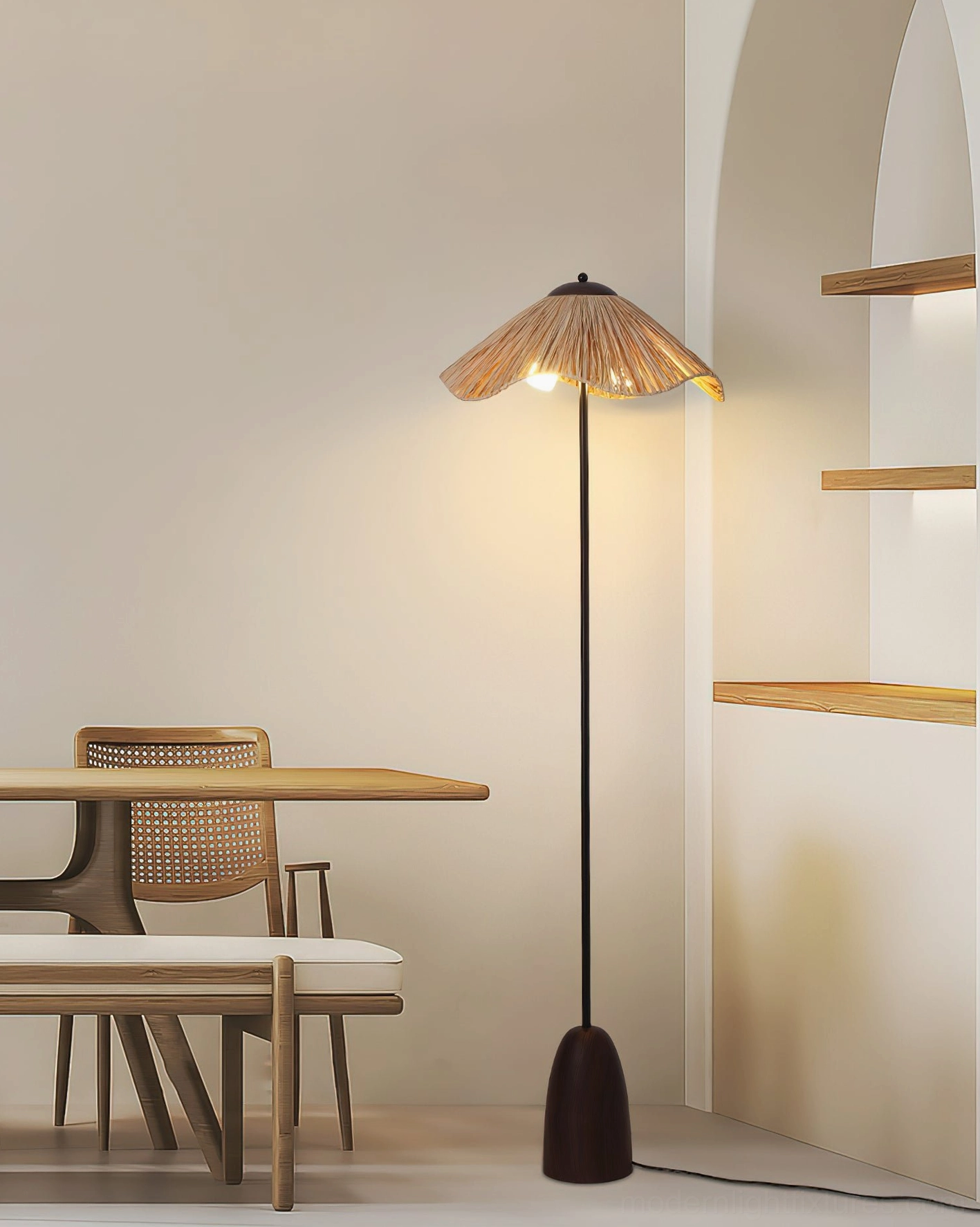 Rania natural raffia floor lamp in dining room setting with dining furniture and wall-mounted shelving