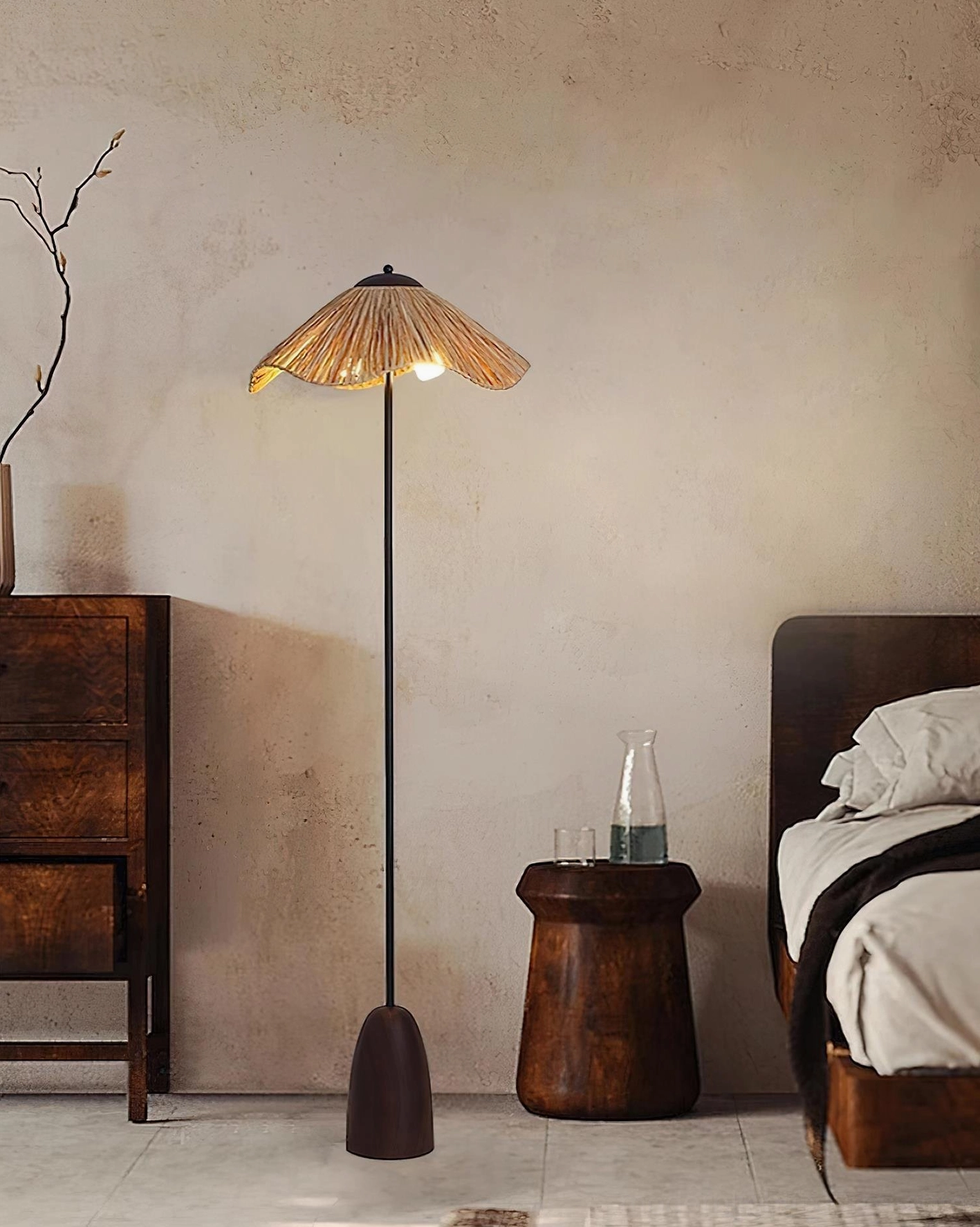 Rania natural raffia floor lamp full-length view showing proportions and placement in room