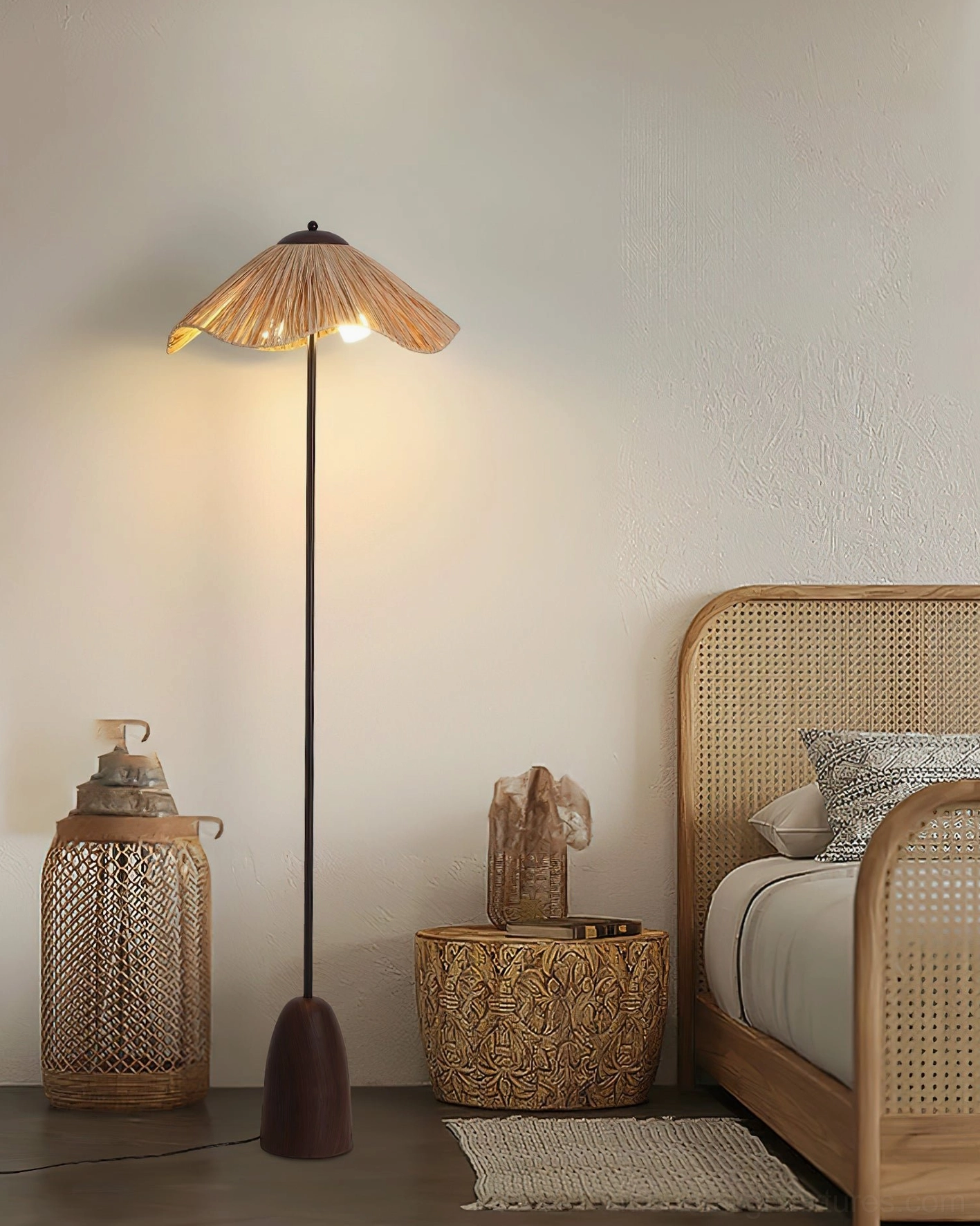 Rania natural raffia floor lamp paired with Japanese-style bedroom decor and rattan woven accessories