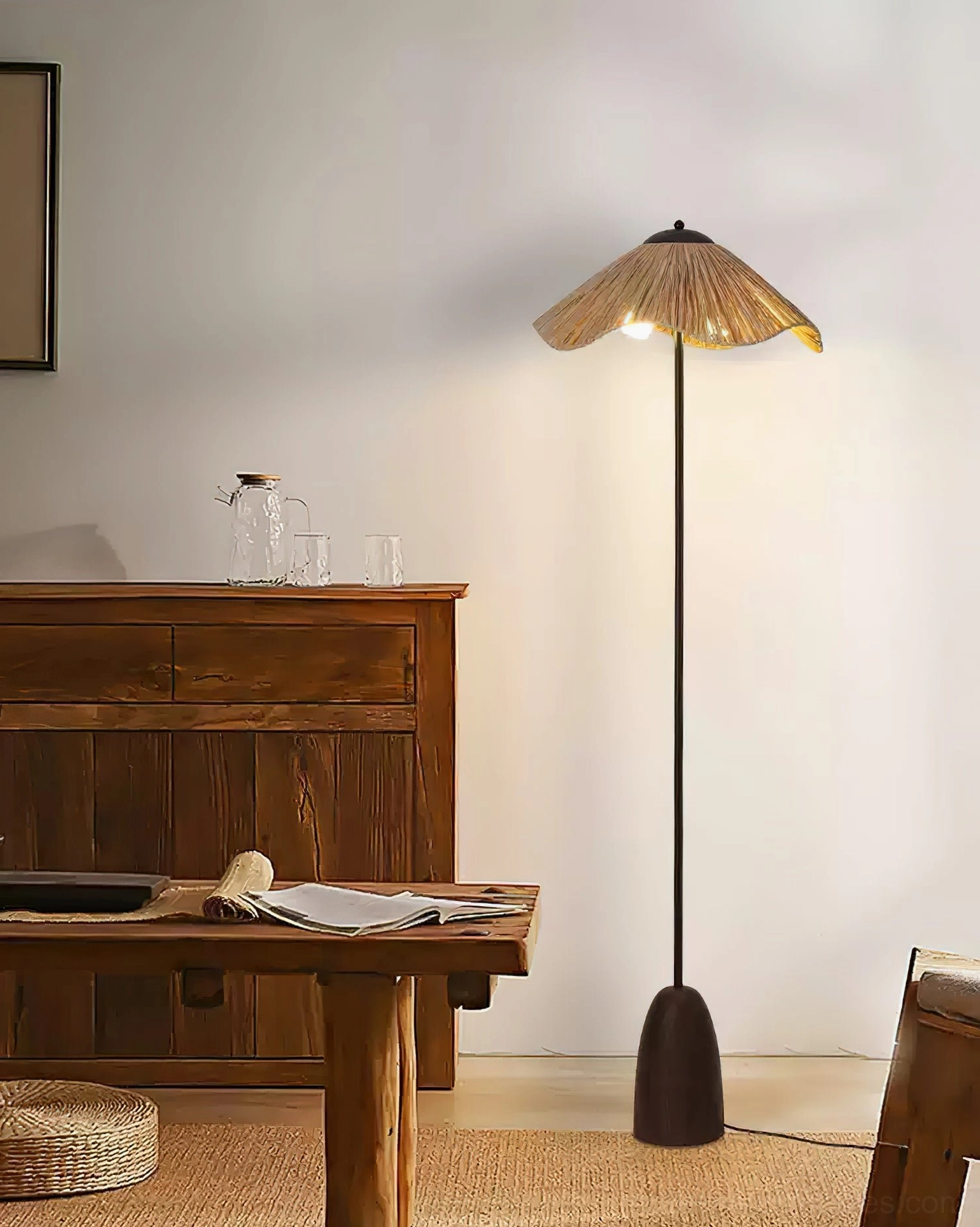 Rania woven floor lamp black metal stem and solid wood base structural design close-up