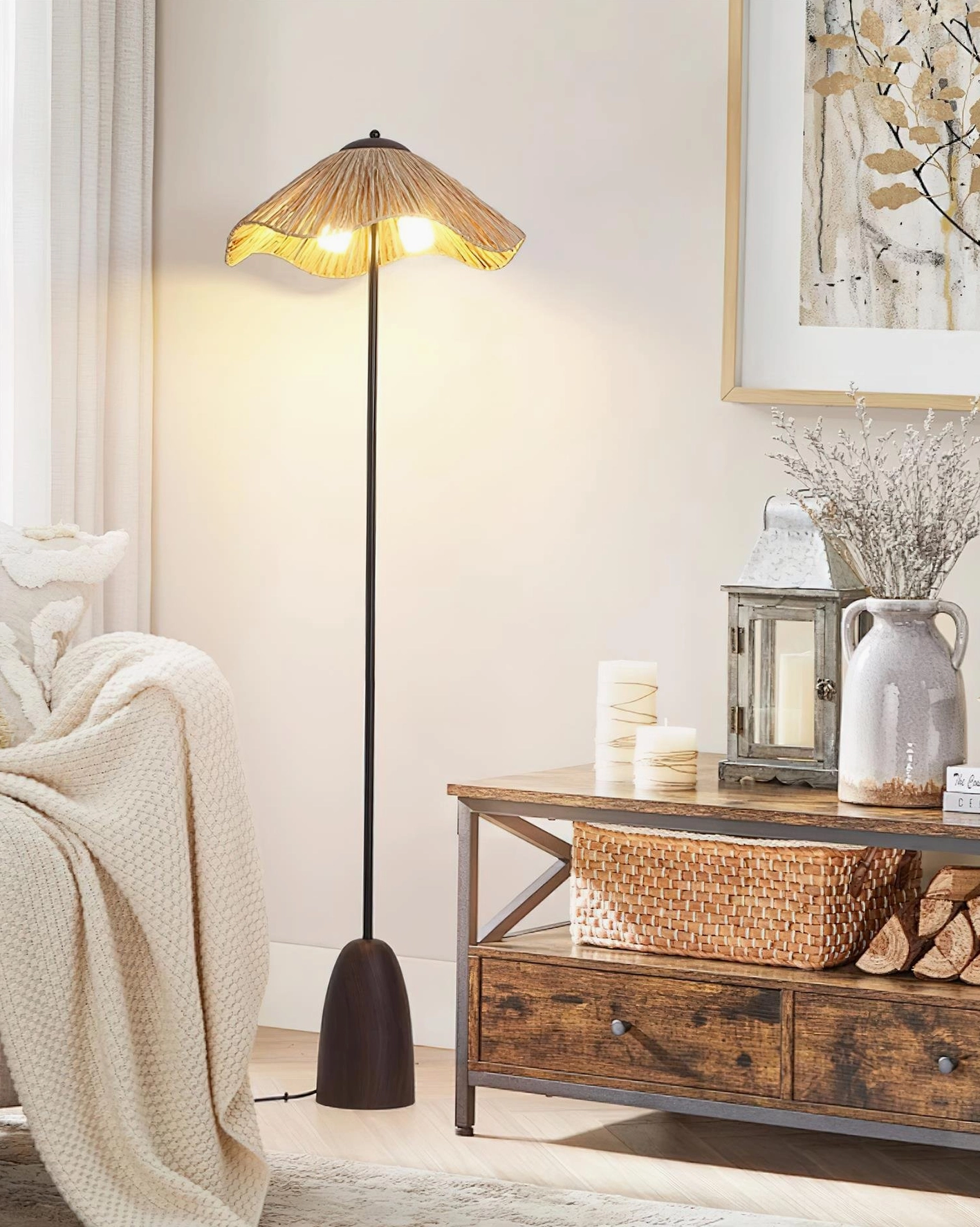 Rania floor lamp shade detail showing hand-woven natural raffia texture and warm light diffusion