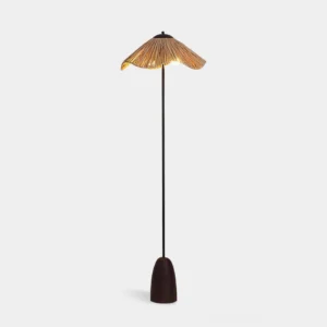 Rania natural raffia floor lamp with black metal stem and wooden base, front product view on white background