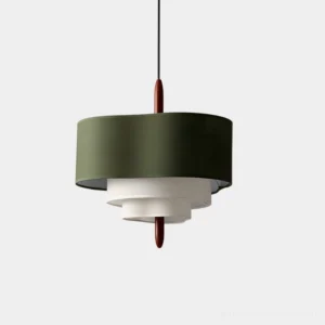 Raphia tiered pendant light with layered spiral fabric shade and wooden finial, front overhead studio view on white background