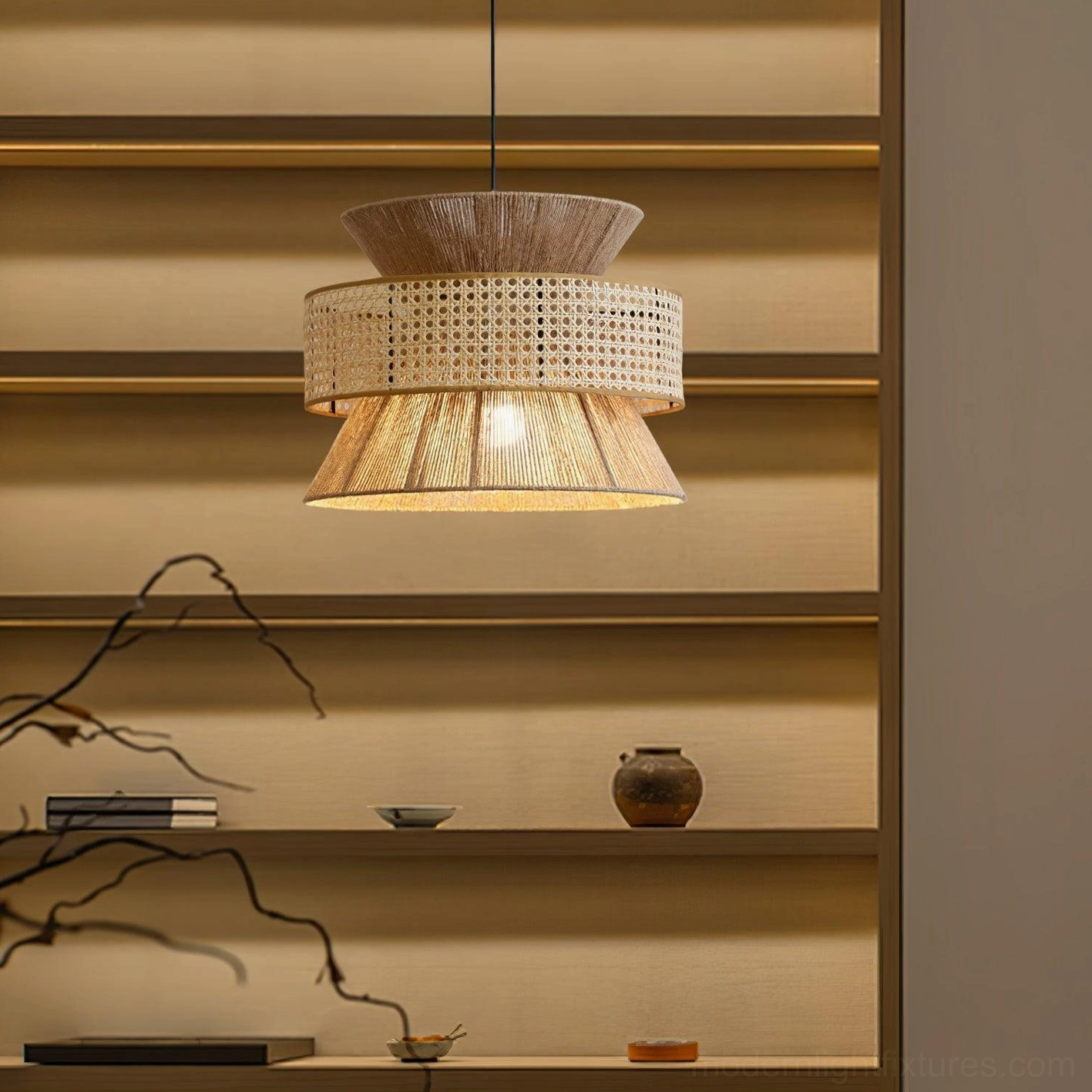Rattan bamboo pendant light fixture showing craftsmanship and weaving detail in studio lighting