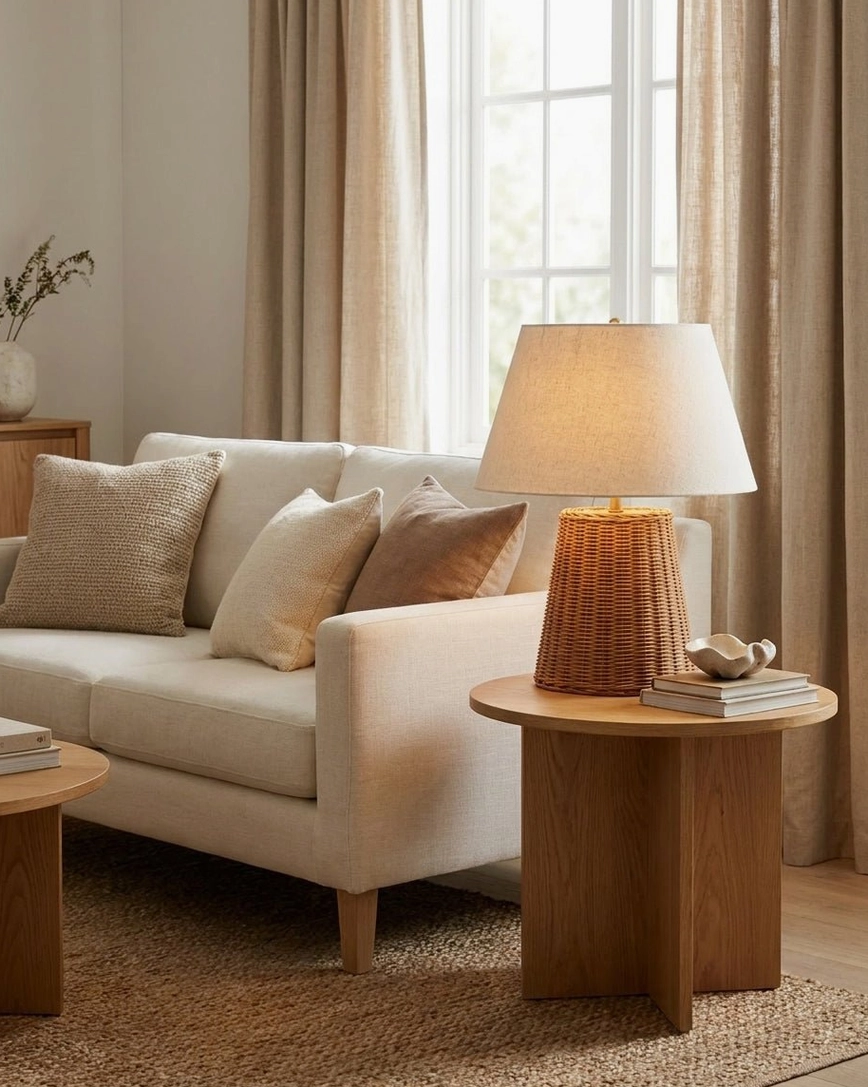 Rattan tapered base table lamp on oak side table in minimalist living room - boho table lamp with cream fabric shade and natural fiber base