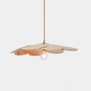 Rattan bloom pendant light with layered woven petal design and gold suspension rod, studio frontal view