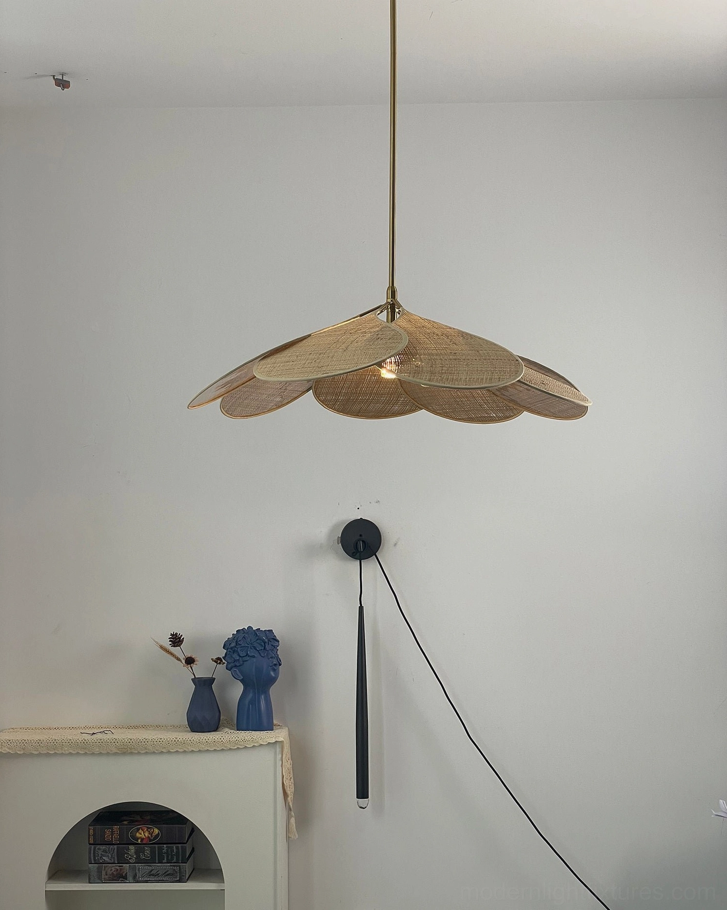 Rattan bloom pendant light showing AC 110-240V universal voltage and dimmer switch compatibility