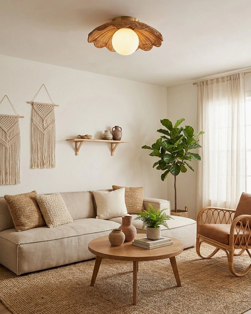 Rattan scallop flush ceiling light installed in living room with woven wall hangings and natural decor