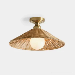 Rattan woven semi-flush ceiling lamp with gold metal canopy - front product view