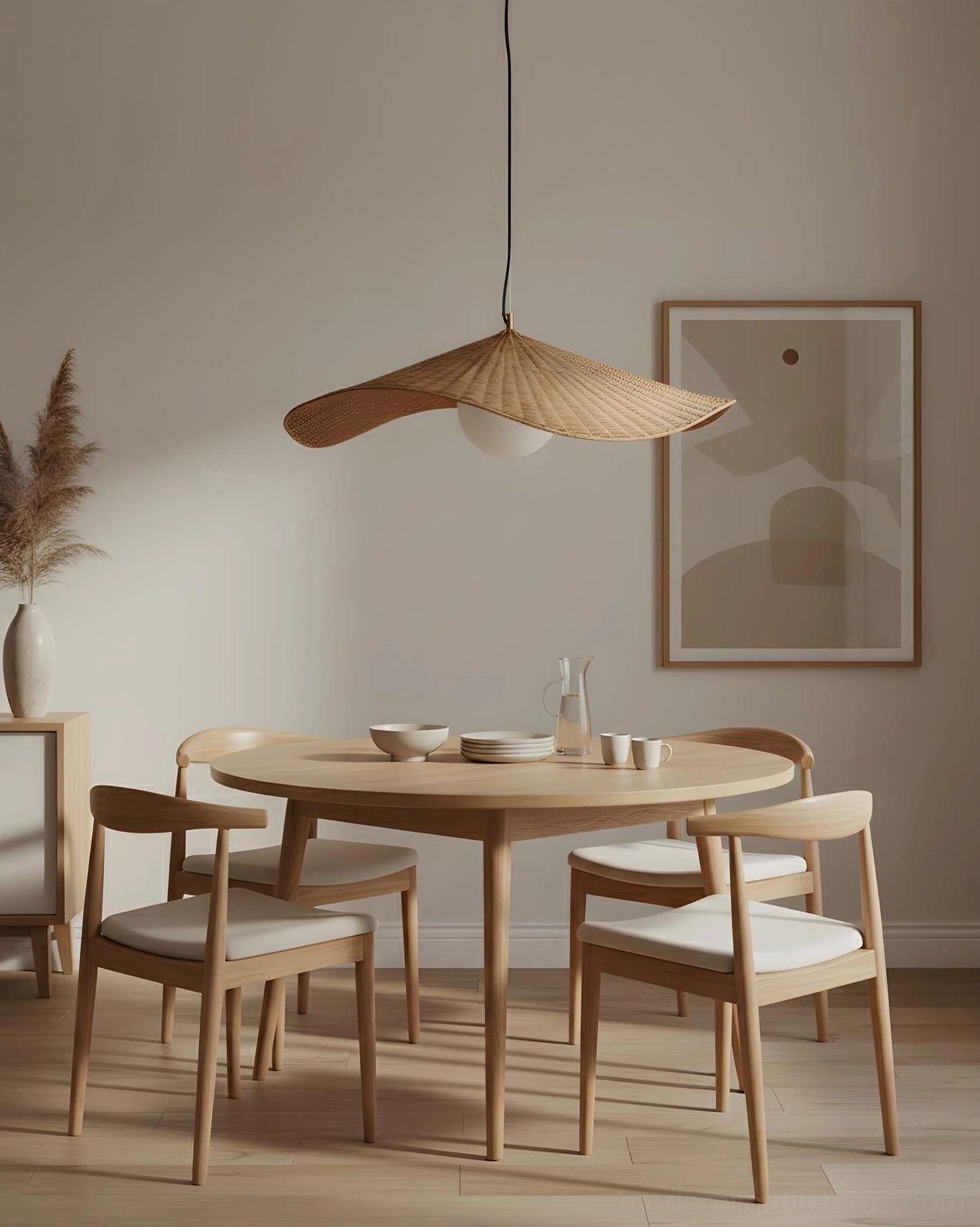 Woven rattan pendant lamp hanging above minimalist wooden dining table creating soft shadow ambiance