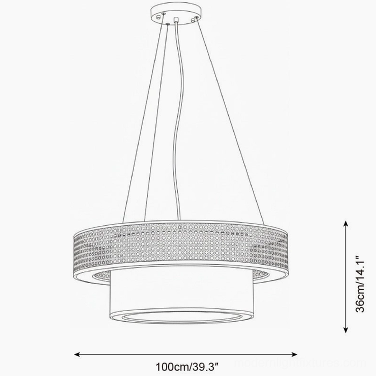 Technical drawing of 100cm statement-size rattan pendant chandelier with orthographic front view showing oversized double-ring structural design