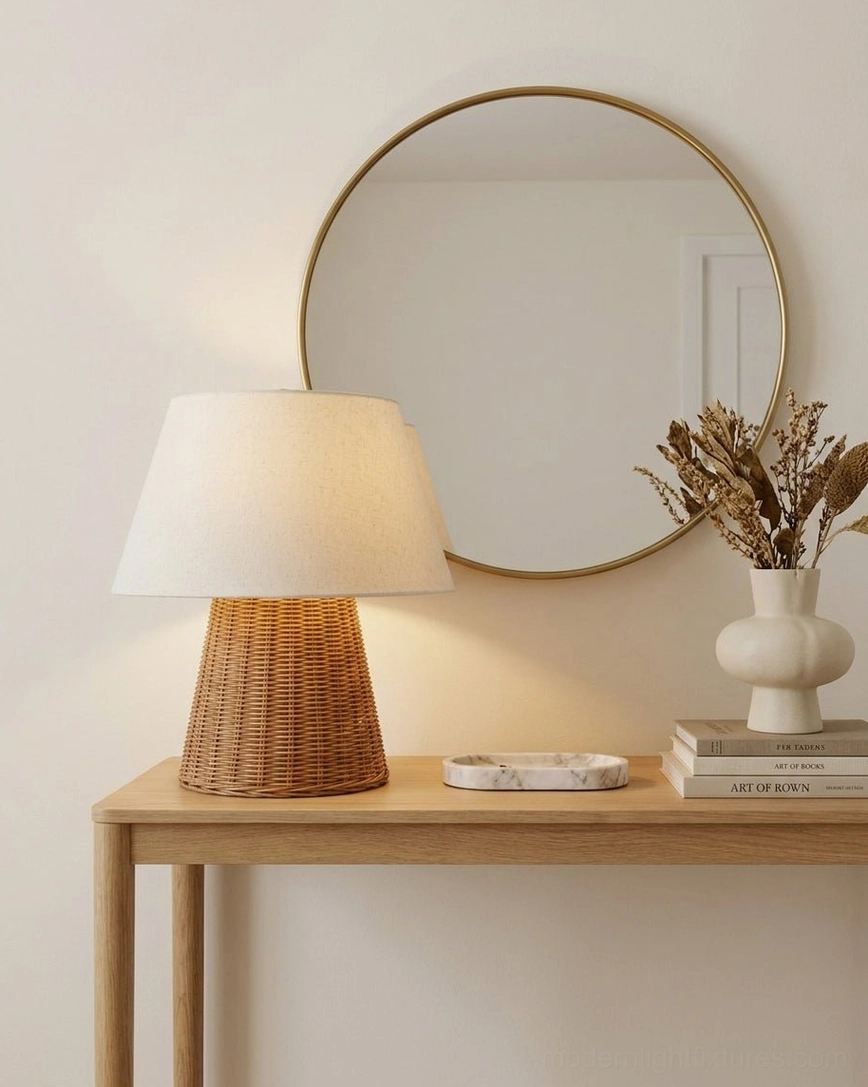 Hand-woven rattan lamp on entryway console table with wall mirror - natural fiber table lamp styling with boho home decor accessories