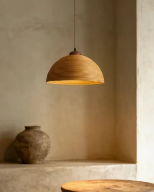 Warm wooden pendant lamp hanging in wabi-sabi dining corner above small wooden table with ceramic vase, ambient lighting