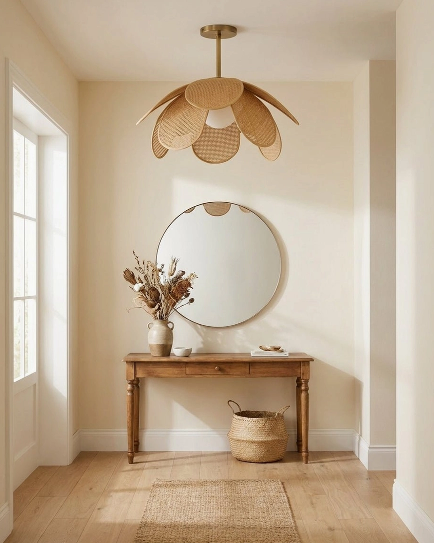 Modern rattan flush mount light fixture in entryway with round mirror and wooden console, coastal bohemian home decor styling