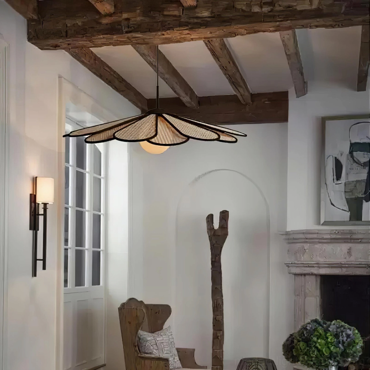 Tropicana rattan pendant shade suspended showing sculptural flower-petal form and layered design