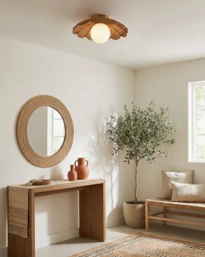 Rattan ceiling light fixture installed in residential entryway with warm bohemian neutral decor