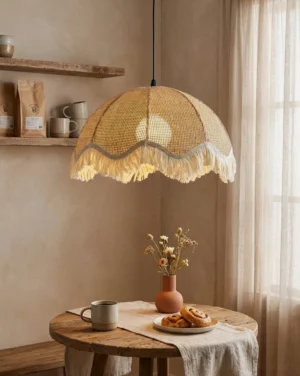 Boho rattan fringe pendant light hanging above rustic dining nook, warm ambient light through open-weave rattan dome