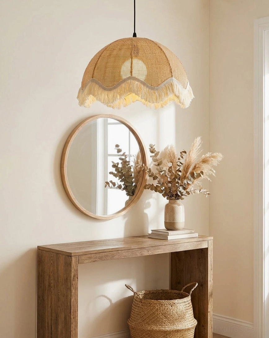 Rattan fringe pendant light in entryway above console table, side view of woven dome pendant with cotton scallop trim
