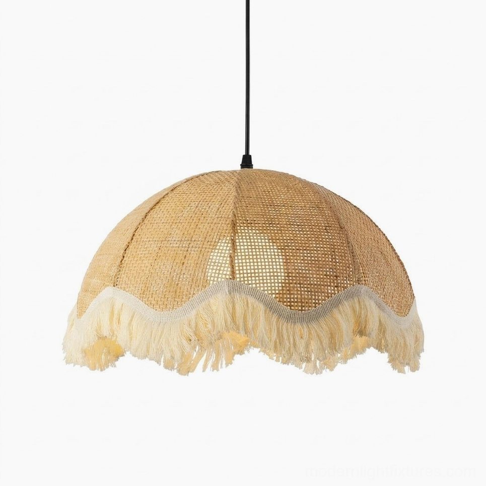 Rattan fringe pendant light in three sizes available—small 40cm, medium 50cm, large 60cm diameter boho dome shades