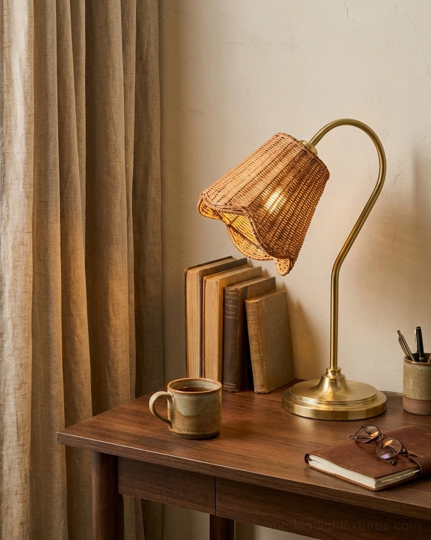 Side view of rattan gooseneck lamp on wooden desk with books, coffee mug and reading glasses