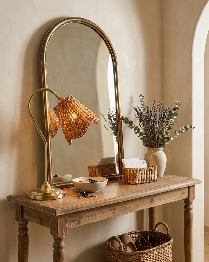 Gooseneck rattan lamp displayed on entryway console table with arched mirror and decorative accessories