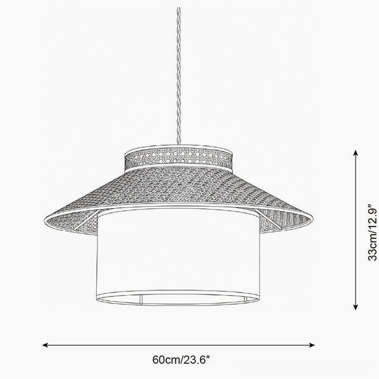 Rattan hanging lamp technical line drawing orthographic view large size 60cm diameter 33cm height