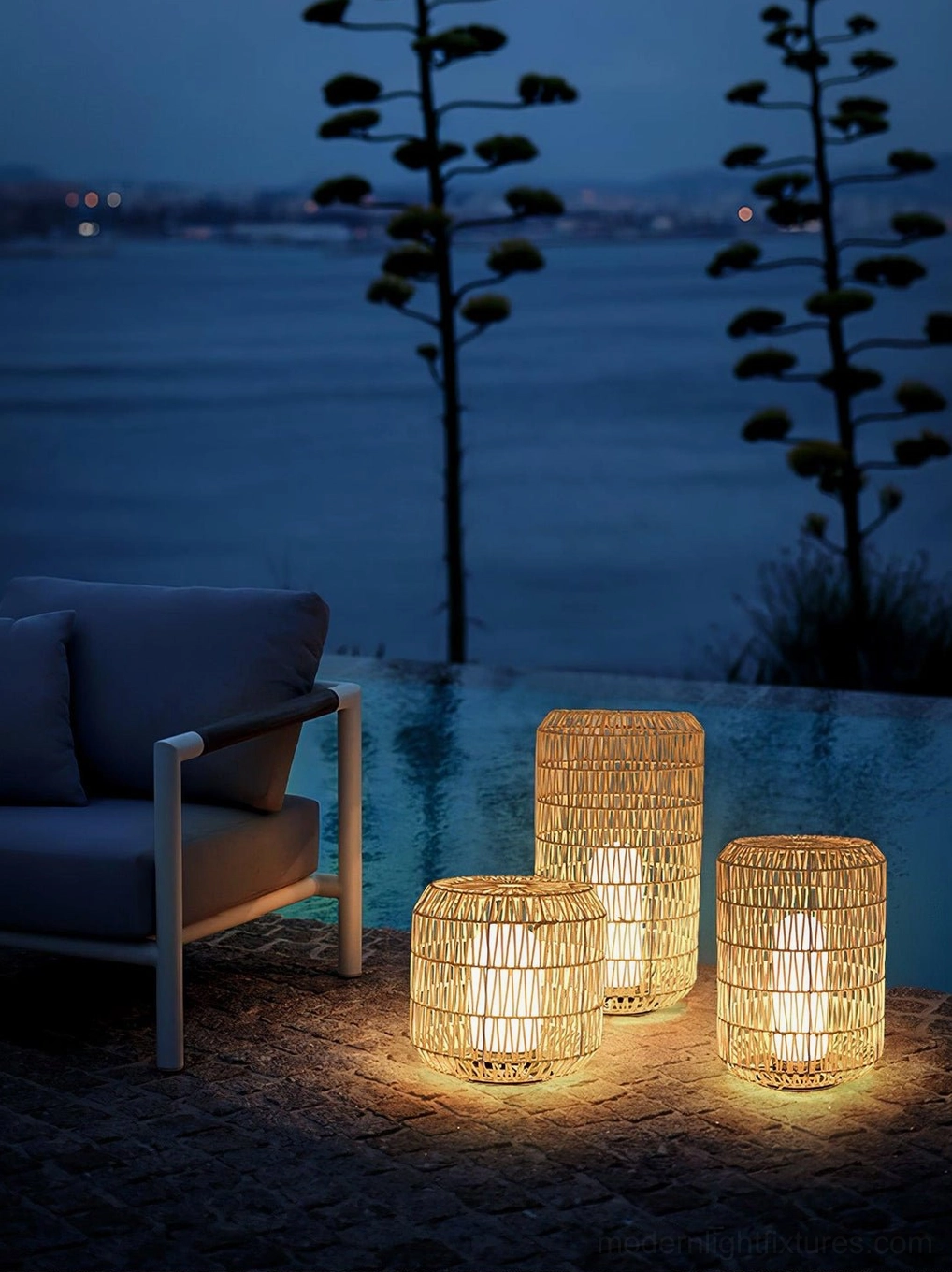 Rattan outdoor table lamp demonstrating 50000-hour LED lifespan durability and reliability