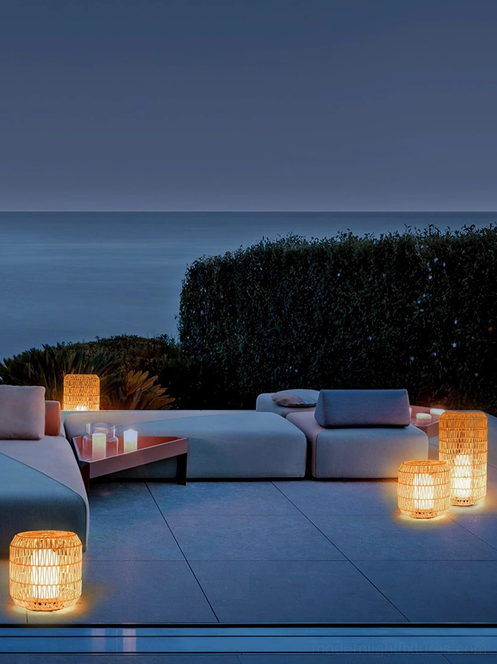 Rattan outdoor lamp with natural rattan and white color options displayed together