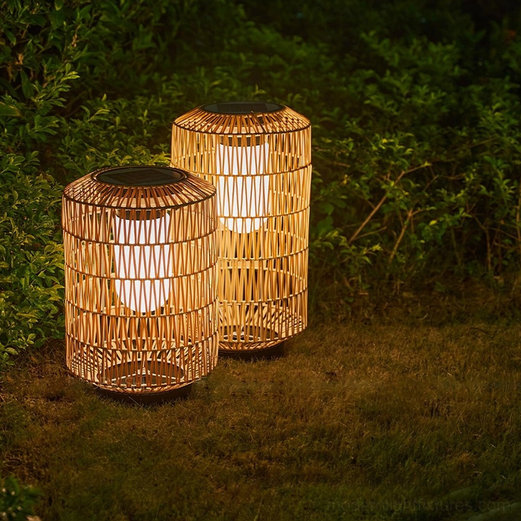 Rattan outdoor lamp poolside creating soft light for evening relaxation and lounging