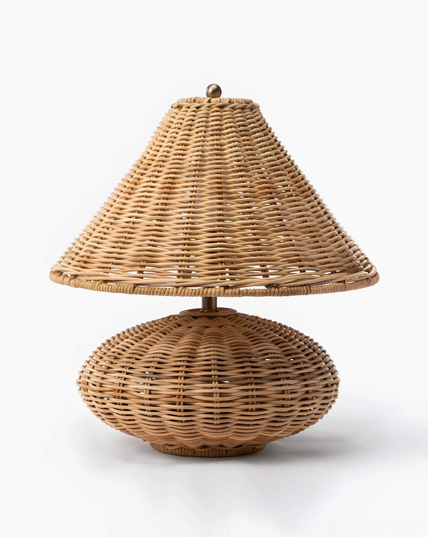 Rattan table lamp with tapered shade and oval ribbed base, front flat view showing brass finial detail and proportional silhouette