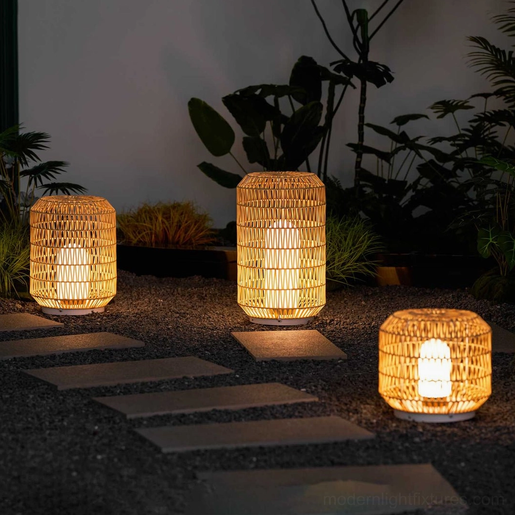 Woven rattan outdoor table lamp showing natural fiber weave detail and integrated LED design