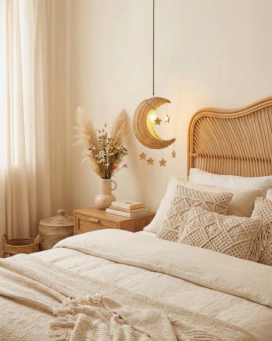 Moon pendant fixture in master bedroom with rattan headboard - warm neutral bohemian aesthetic lighting