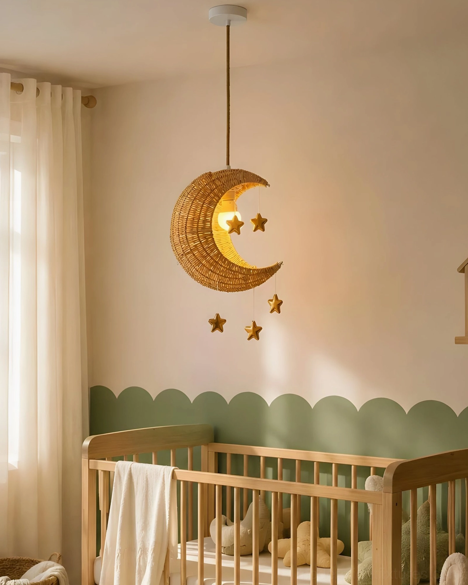 Rattan crescent moon pendant light glowing warm white - soft ambient light diffusing through woven shade