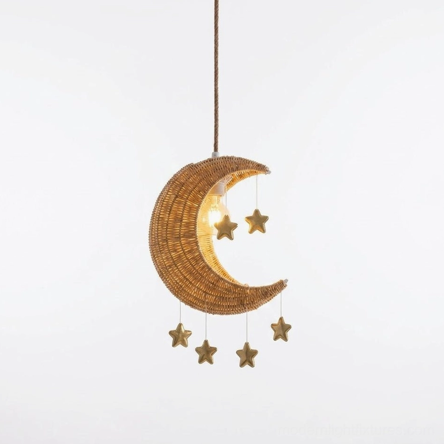 Handwoven rattan moon star pendant light - natural rattan finish with suspended gold stars (Dia 30cm x H 32cm)