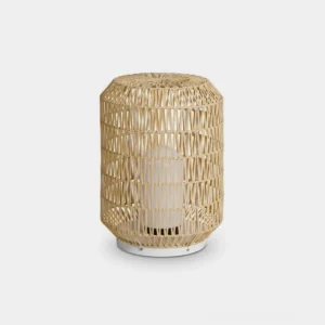 Modern rattan outdoor table lamp with woven natural fiber shade and warm LED glow, front studio product view