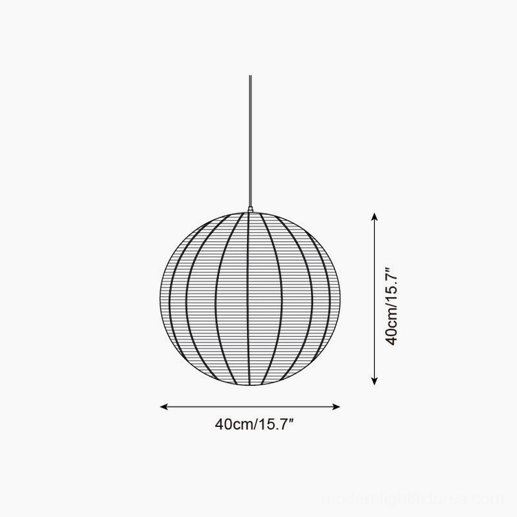 Technical line drawing of 40cm diameter rattan woven pendant light specifications